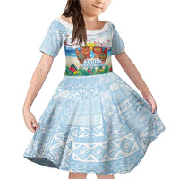 Hawaii And Japan Okinawa Family Matching Mermaid Dress and Hawaiian Shirt Aloha Gozaimasu Tiki With Shisa LT05 Daughter's Dress Blue - Polynesian Pride