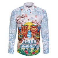 Hawaii And Japan Okinawa Family Matching Puletasi and Hawaiian Shirt Aloha Gozaimasu Tiki With Shisa LT05 Dad's Shirt - Long Sleeve Blue - Polynesian Pride