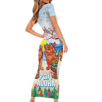 Hawaii And Japan Okinawa Family Matching Short Sleeve Bodycon Dress and Hawaiian Shirt Aloha Gozaimasu Tiki With Shisa