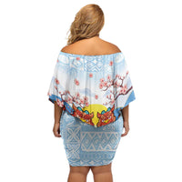 Hawaii And Japan Okinawa Off Shoulder Short Dress Aloha Gozaimasu Tiki With Shisa LT05 - Polynesian Pride