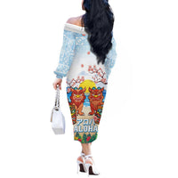 Hawaii And Japan Okinawa Off The Shoulder Long Sleeve Dress Aloha Gozaimasu Tiki With Shisa LT05 - Polynesian Pride