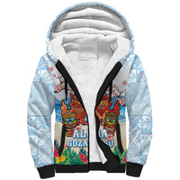 Hawaii And Japan Okinawa Sherpa Hoodie Aloha Gozaimasu Tiki With Shisa LT05 Unisex Blue - Polynesian Pride