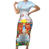 Hawaii And Japan Okinawa Short Sleeve Bodycon Dress Aloha Gozaimasu Tiki With Shisa LT05 Long Dress Blue - Polynesian Pride
