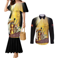 Papua New Guinea Couples Matching Mermaid Dress and Long Sleeve Button Shirt 50 Years Of Independence LT05 Gold - Polynesian Pride