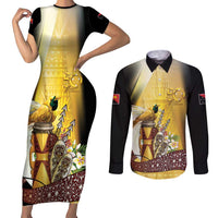 Papua New Guinea Couples Matching Short Sleeve Bodycon Dress and Long Sleeve Button Shirt 50 Years Of Independence LT05 Gold - Polynesian Pride