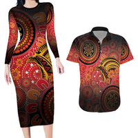 Papua New Guinea Couples Matching Long Sleeve Bodycon Dress and Hawaiian Shirt Birds Of Paradise With Aboriginal Pattern LT05 Red - Polynesian Pride