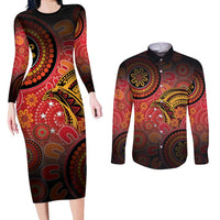 Papua New Guinea Couples Matching Long Sleeve Bodycon Dress and Long Sleeve Button Shirt Birds Of Paradise With Aboriginal Pattern LT05 Red - Polynesian Pride