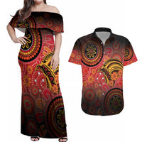 Papua New Guinea Couples Matching Off Shoulder Maxi Dress and Hawaiian Shirt Birds Of Paradise With Aboriginal Pattern LT05 Red - Polynesian Pride