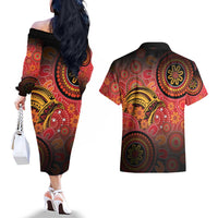 Papua New Guinea Couples Matching Off The Shoulder Long Sleeve Dress and Hawaiian Shirt Birds Of Paradise With Aboriginal Pattern LT05 - Polynesian Pride