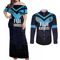 Custom Fiji Kaiviti Rugby Couples Matching Off Shoulder Maxi Dress and Long Sleeve Button Shirt Fiji Tapa Pattern LT05 Blue - Polynesian Pride