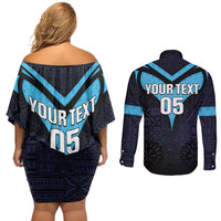 Custom Fiji Kaiviti Rugby Couples Matching Off Shoulder Short Dress and Long Sleeve Button Shirt Fiji Tapa Pattern LT05 - Polynesian Pride