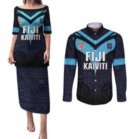 Custom Fiji Kaiviti Rugby Couples Matching Puletasi and Long Sleeve Button Shirt Fiji Tapa Pattern LT05 Blue - Polynesian Pride