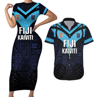 Custom Fiji Kaiviti Rugby Couples Matching Short Sleeve Bodycon Dress and Hawaiian Shirt Fiji Tapa Pattern LT05 Blue - Polynesian Pride