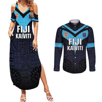 Custom Fiji Kaiviti Rugby Couples Matching Summer Maxi Dress and Long Sleeve Button Shirt Fiji Tapa Pattern LT05 Blue - Polynesian Pride