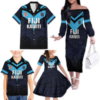 Custom Fiji Kaiviti Rugby Family Matching Off The Shoulder Long Sleeve Dress and Hawaiian Shirt Fiji Tapa Pattern LT05 - Polynesian Pride