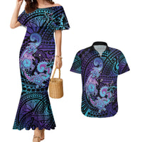 Hawaii Makahiki Turtle Couples Matching Mermaid Dress and Hawaiian Shirt Spiral Polynesian Tattoo LT05 Purple - Polynesian Pride