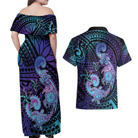 Hawaii Makahiki Turtle Couples Matching Off Shoulder Maxi Dress and Hawaiian Shirt Spiral Polynesian Tattoo LT05 - Polynesian Pride