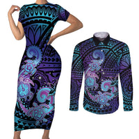 Hawaii Makahiki Turtle Couples Matching Short Sleeve Bodycon Dress and Long Sleeve Button Shirt Spiral Polynesian Tattoo