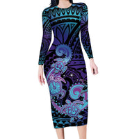 Hawaii Makahiki Turtle Family Matching Long Sleeve Bodycon Dress and Hawaiian Shirt Spiral Polynesian Tattoo LT05 Mom's Dress Purple - Polynesian Pride