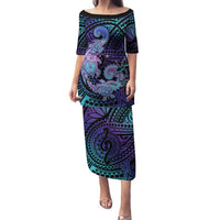 Hawaii Makahiki Turtle Family Matching Puletasi and Hawaiian Shirt Spiral Polynesian Tattoo LT05 Mom's Dress Purple - Polynesian Pride