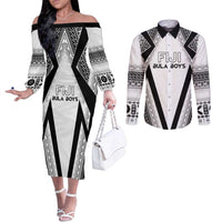 Custom Bula Fiji Football Couples Matching Off The Shoulder Long Sleeve Dress and Long Sleeve Button Shirt Go Champions LT05 White - Polynesian Pride