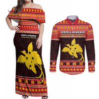 Papua New Guinea Christmas Couples Matching Off Shoulder Maxi Dress and Long Sleeve Button Shirt Santa Raggiana LT05 Red - Polynesian Pride