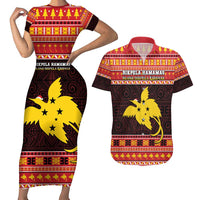 Papua New Guinea Christmas Couples Matching Short Sleeve Bodycon Dress and Hawaiian Shirt Santa Raggiana LT05 Red - Polynesian Pride