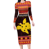 Papua New Guinea Christmas Family Matching Long Sleeve Bodycon Dress and Hawaiian Shirt Santa Raggiana LT05 Mom's Dress Red - Polynesian Pride