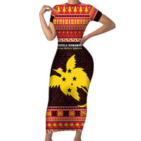 Papua New Guinea Christmas Short Sleeve Bodycon Dress Santa Raggiana LT05 Long Dress Red - Polynesian Pride