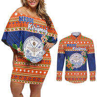 Marshall Islands Christmas Couples Matching Off Shoulder Short Dress and Long Sleeve Button Shirt Marshallese Seal Meddi Kirijmoj LT05 Orange - Polynesian Pride