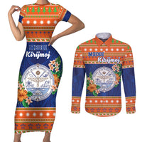 Marshall Islands Christmas Couples Matching Short Sleeve Bodycon Dress and Long Sleeve Button Shirt Marshallese Seal Meddi Kirijmoj LT05 Orange - Polynesian Pride