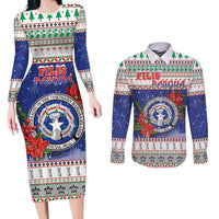 Northern Mariana Islands Christmas Couples Matching Long Sleeve Bodycon Dress and Long Sleeve Button Shirt Poinsettia Filis Pasgua LT05 Blue - Polynesian Pride
