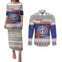 Northern Mariana Islands Christmas Couples Matching Puletasi and Long Sleeve Button Shirt Poinsettia Filis Pasgua LT05 Blue - Polynesian Pride