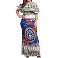 Northern Mariana Islands Christmas Off Shoulder Maxi Dress Poinsettia Filis Pasgua LT05 Women Blue - Polynesian Pride