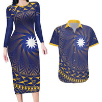 Nauru Angam Day Couples Matching Long Sleeve Bodycon Dress and Hawaiian Shirt Polynesian Tribal Pattern Unique Style LT05 Blue - Polynesian Pride