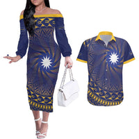 Nauru Angam Day Couples Matching Off The Shoulder Long Sleeve Dress and Hawaiian Shirt Polynesian Tribal Pattern Unique Style LT05 Blue - Polynesian Pride