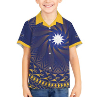 Nauru Angam Day Family Matching Off The Shoulder Long Sleeve Dress and Hawaiian Shirt Polynesian Tribal Pattern Unique Style LT05 Son's Shirt Blue - Polynesian Pride