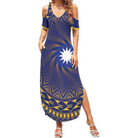 Nauru Angam Day Family Matching Summer Maxi Dress and Hawaiian Shirt Polynesian Tribal Pattern Unique Style LT05 Mom's Dress Blue - Polynesian Pride