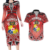 Personalised Tonga Constitution Day Couples Matching Long Sleeve Bodycon Dress and Hawaiian Shirt 150 Years Jubilee LT05 Red - Polynesian Pride