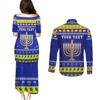 Personalised Polynesia Christmukkah Couples Matching Puletasi Dress and Long Sleeve Button Shirt Menorah With Polynesian Tribal Pattern LT05 - Polynesian Pride