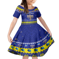 Personalised Polynesia Christmukkah Family Matching Off Shoulder Long Sleeve Dress and Hawaiian Shirt Menorah With Polynesian Tribal Pattern LT05 Daughter's Dress Blue - Polynesian Pride