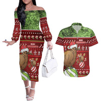 New Zealand Kiwi Christmas Couples Matching Off The Shoulder Long Sleeve Dress and Hawaiian Shirt Paua Shell Glitter Green LT05 Red - Polynesian Pride