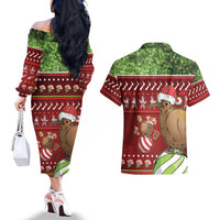 New Zealand Kiwi Christmas Couples Matching Off The Shoulder Long Sleeve Dress and Hawaiian Shirt Paua Shell Glitter Green LT05 - Polynesian Pride