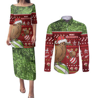 New Zealand Kiwi Christmas Couples Matching Puletasi and Long Sleeve Button Shirt Paua Shell Glitter Green LT05 Red - Polynesian Pride