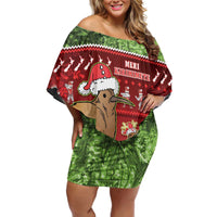 New Zealand Kiwi Christmas Family Matching Off Shoulder Short Dress and Hawaiian Shirt Paua Shell Glitter Green LT05 Mom's Dress Red - Polynesian Pride
