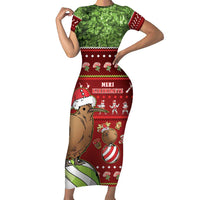 New Zealand Kiwi Christmas Short Sleeve Bodycon Dress Paua Shell Glitter Green LT05 Long Dress Red - Polynesian Pride