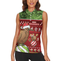 New Zealand Kiwi Christmas Women Sleeveless Polo Shirt Paua Shell Glitter Green LT05 - Polynesian Pride