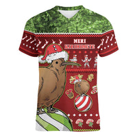 New Zealand Kiwi Christmas Women V-Neck T-Shirt Paua Shell Glitter Green LT05 Female Red - Polynesian Pride