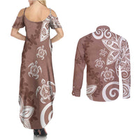Polynesia Couples Matching Summer Maxi Dress and Long Sleeve Button Shirt Brown Tribal Turtle Floral Pattern