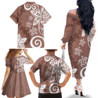 Polynesia Family Matching Off The Shoulder Long Sleeve Dress and Hawaiian Shirt Brown Tribal Turtle Floral Pattern LT05 - Polynesian Pride
